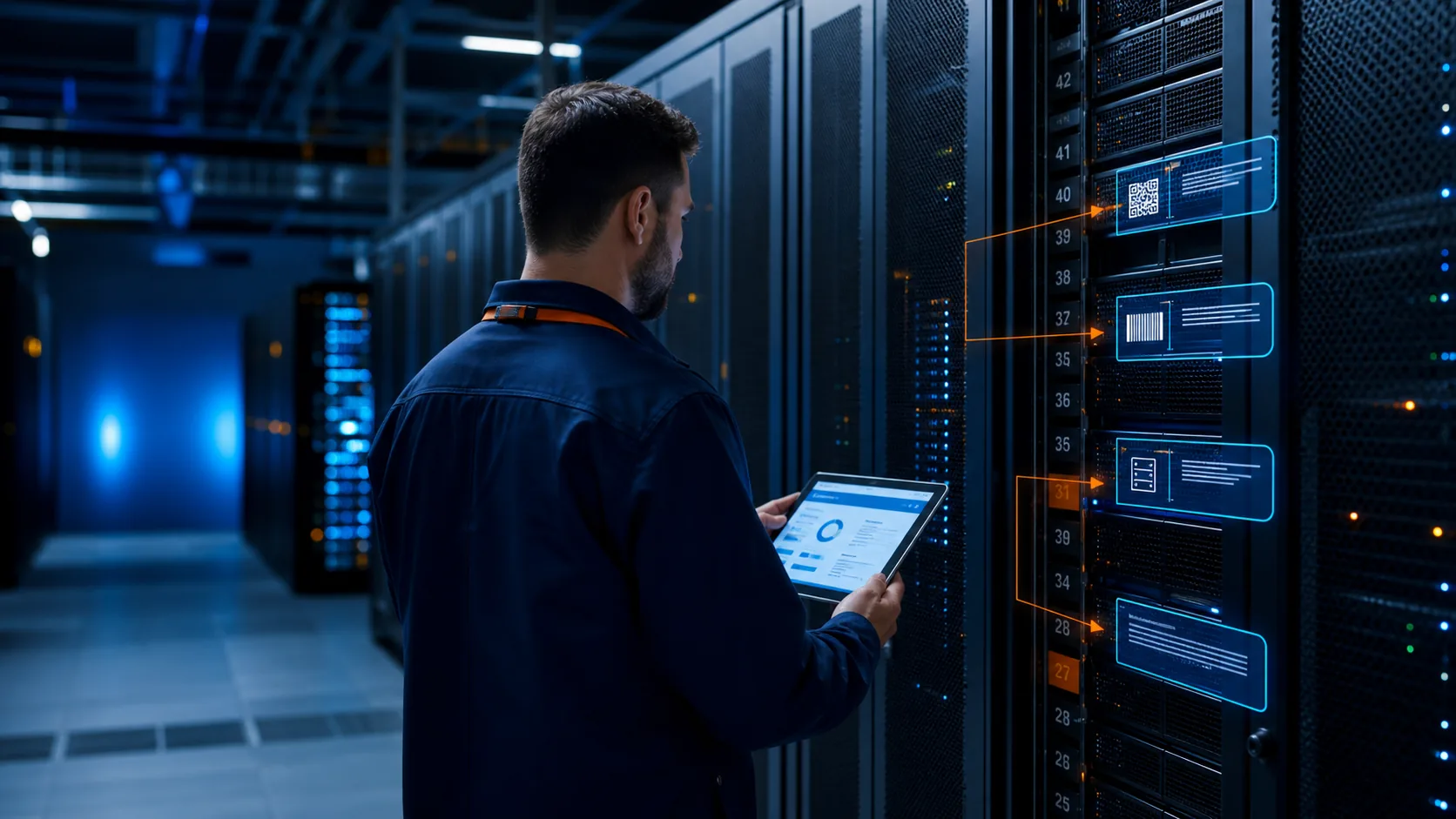 Inventário técnico em Data Center com ativos etiquetados e conferência de rack