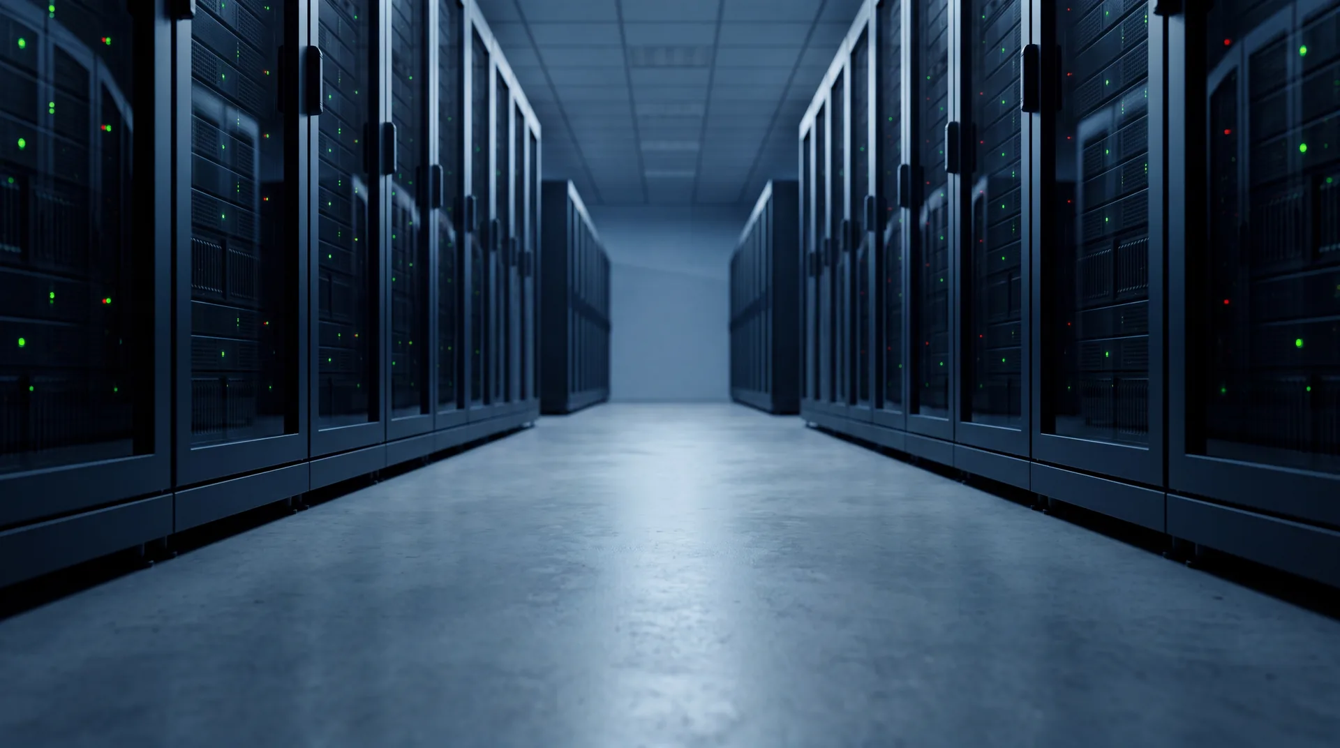 Corredor frio de Data Center com racks alinhados, iluminação azul-marinho e detalhes em laranja