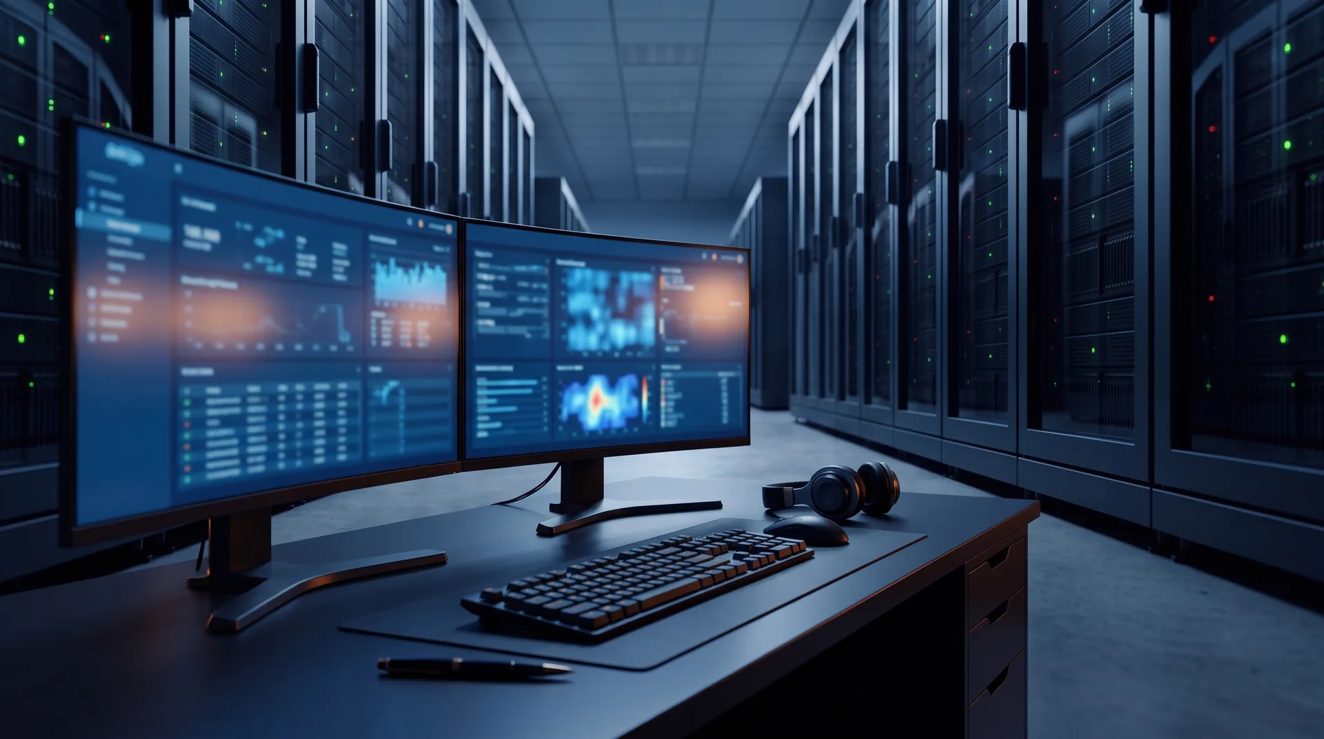 Estação de monitoramento de segurança em Data Center com dashboards abstratos e racks ao fundo