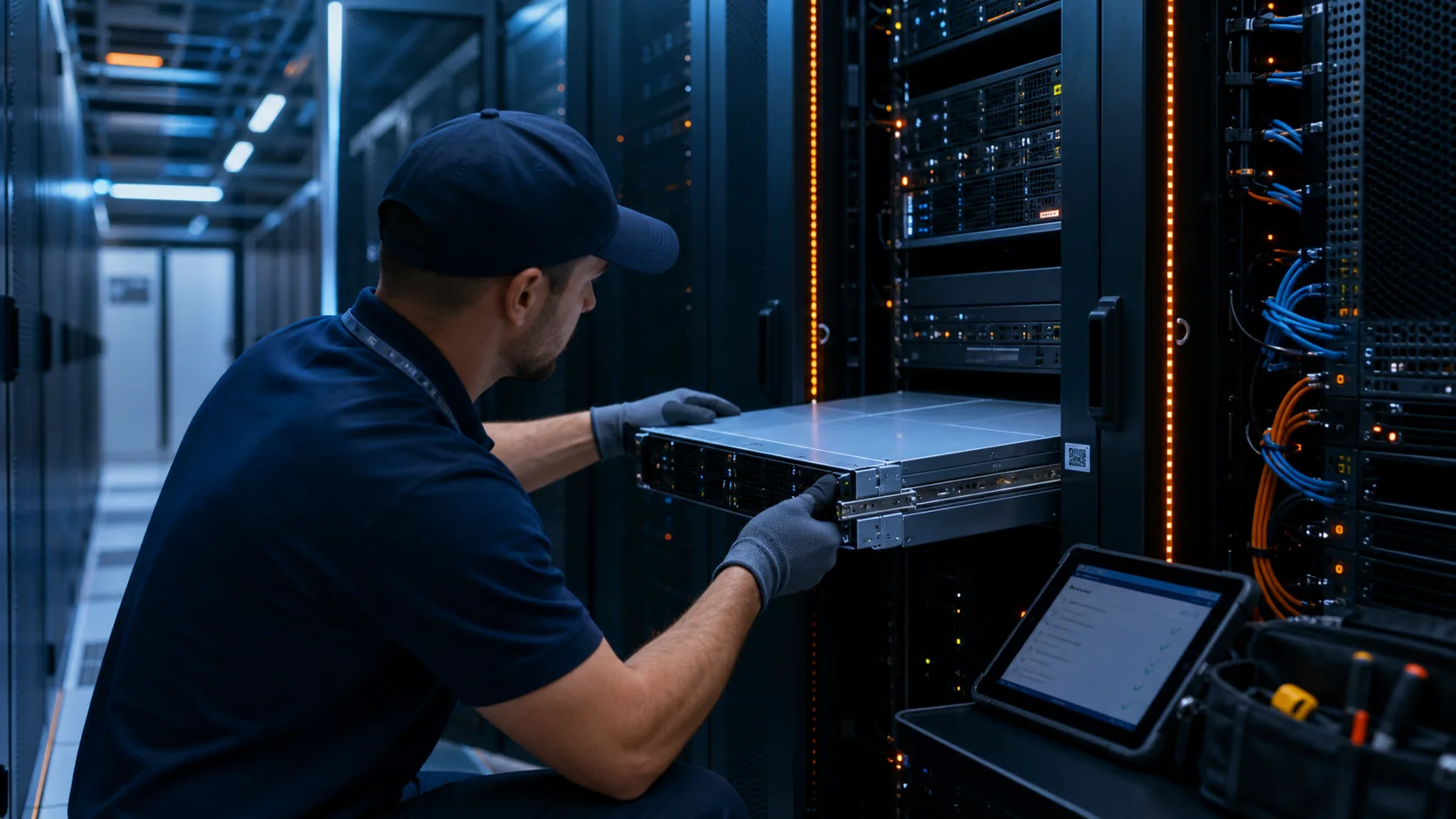Técnico executando atividade presencial sob procedimento em rack de Data Center