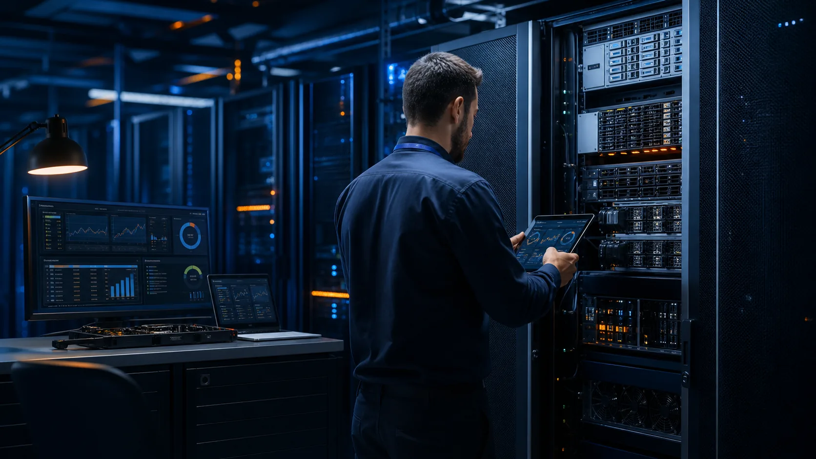 Técnico especializado analisando rack de Data Center com tablet de diagnóstico